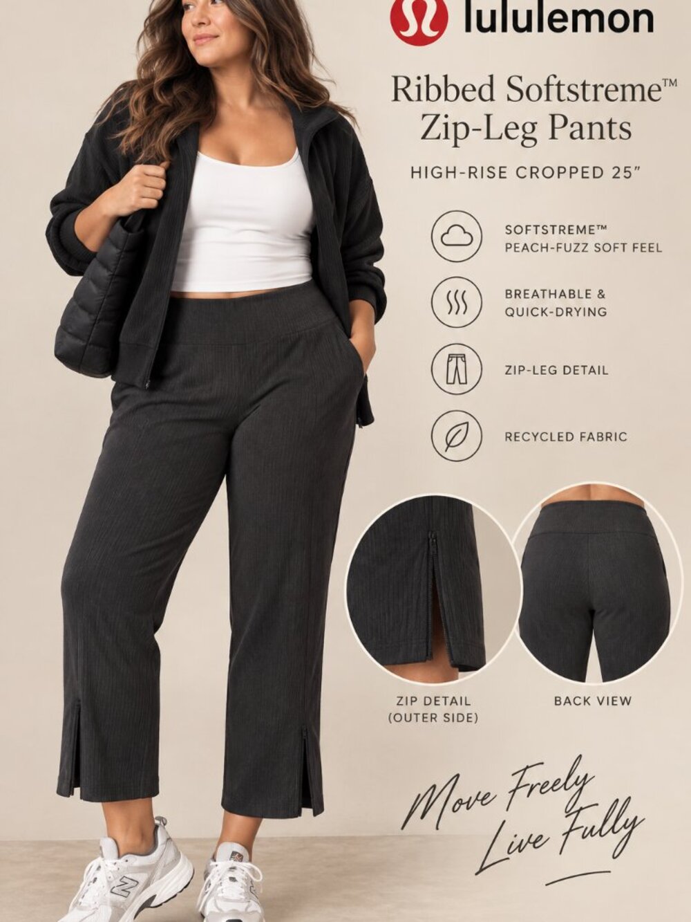 lululemon Ribbed Softstreme Zip-Leg High-Rise Cropped Pants 25" Black Size 14